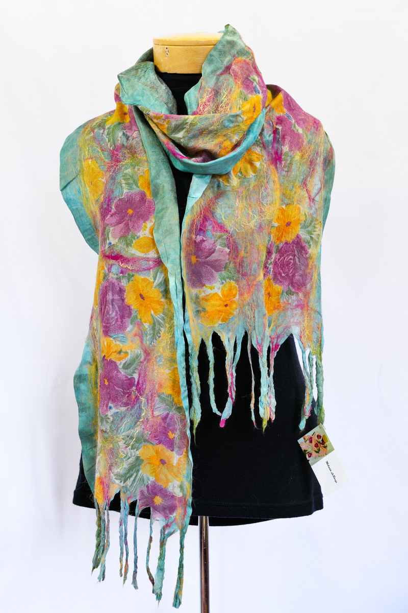 Handmade nuno felted floral scarfs by Melinda LaBarge