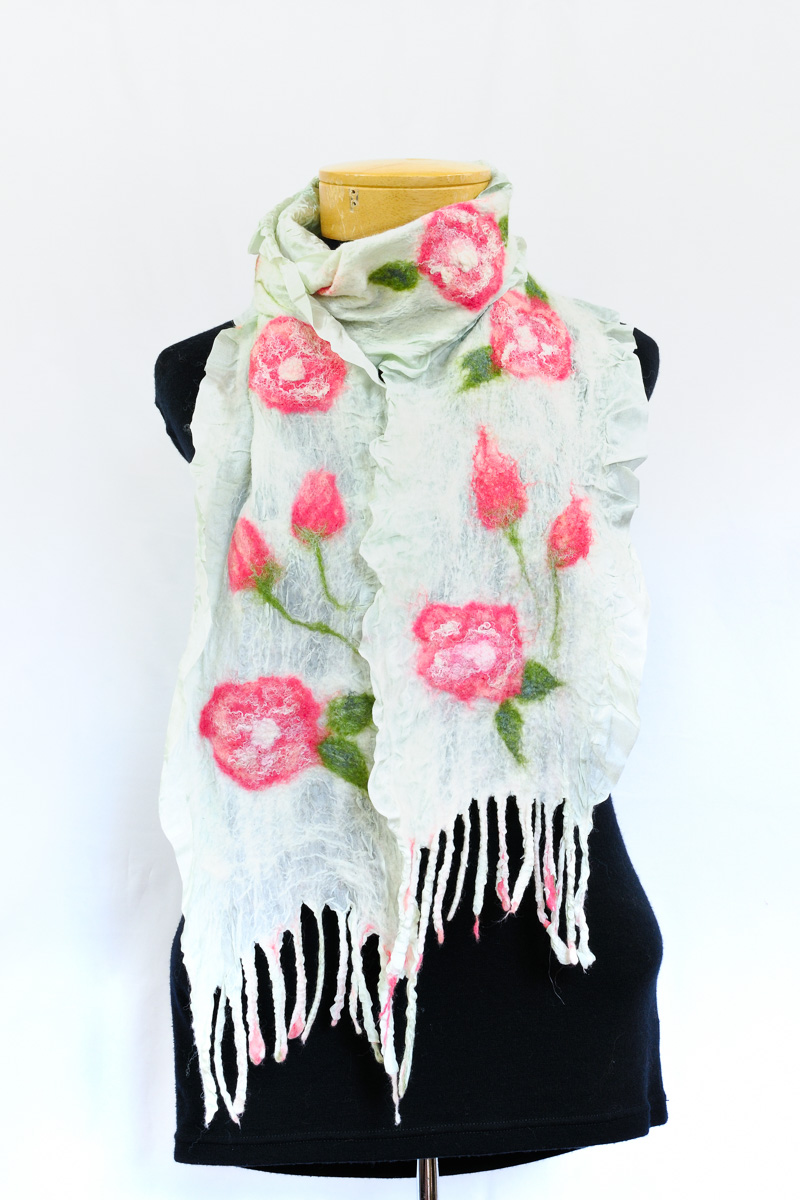 Handmade nuno felted floral scarfs by Melinda LaBarge