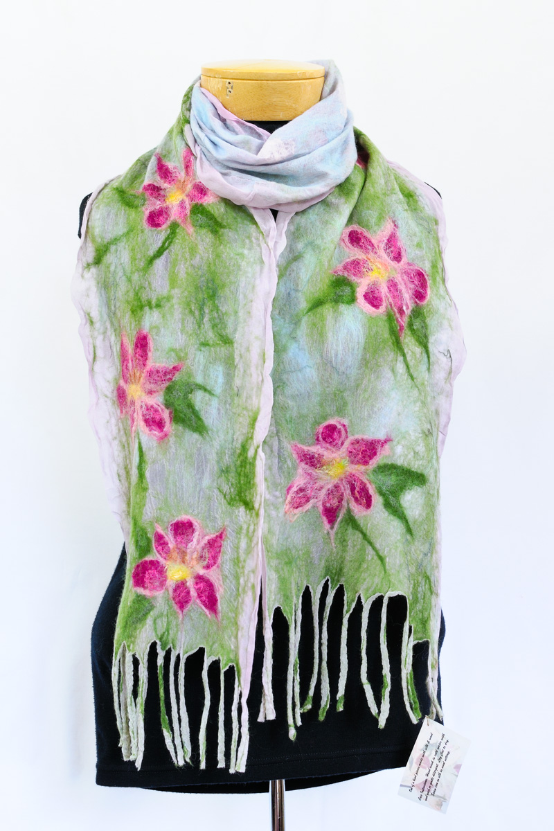 Handmade nuno felted floral scarfs by Melinda LaBarge